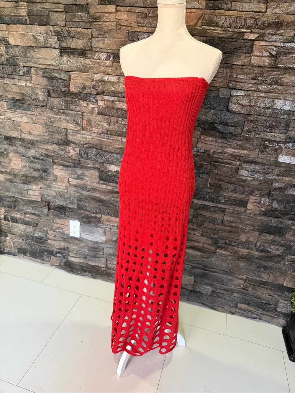 Strapless Crochet Maxi Dress in Red